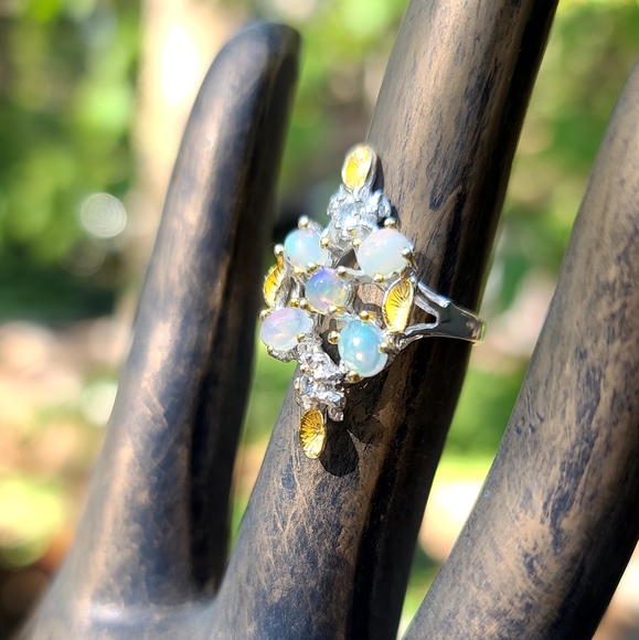 STUNNING 5 Opal 4k each & Topaz Sterling & Gold ring sz6.5 - Picture 3 of 6